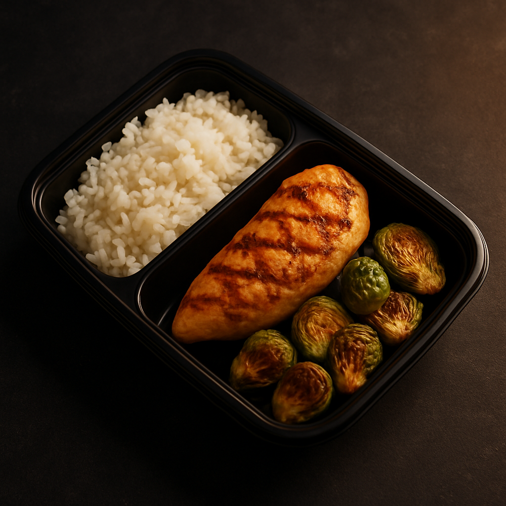 Grilled chicken, rice, and brussels sprouts in a premium meal prep container